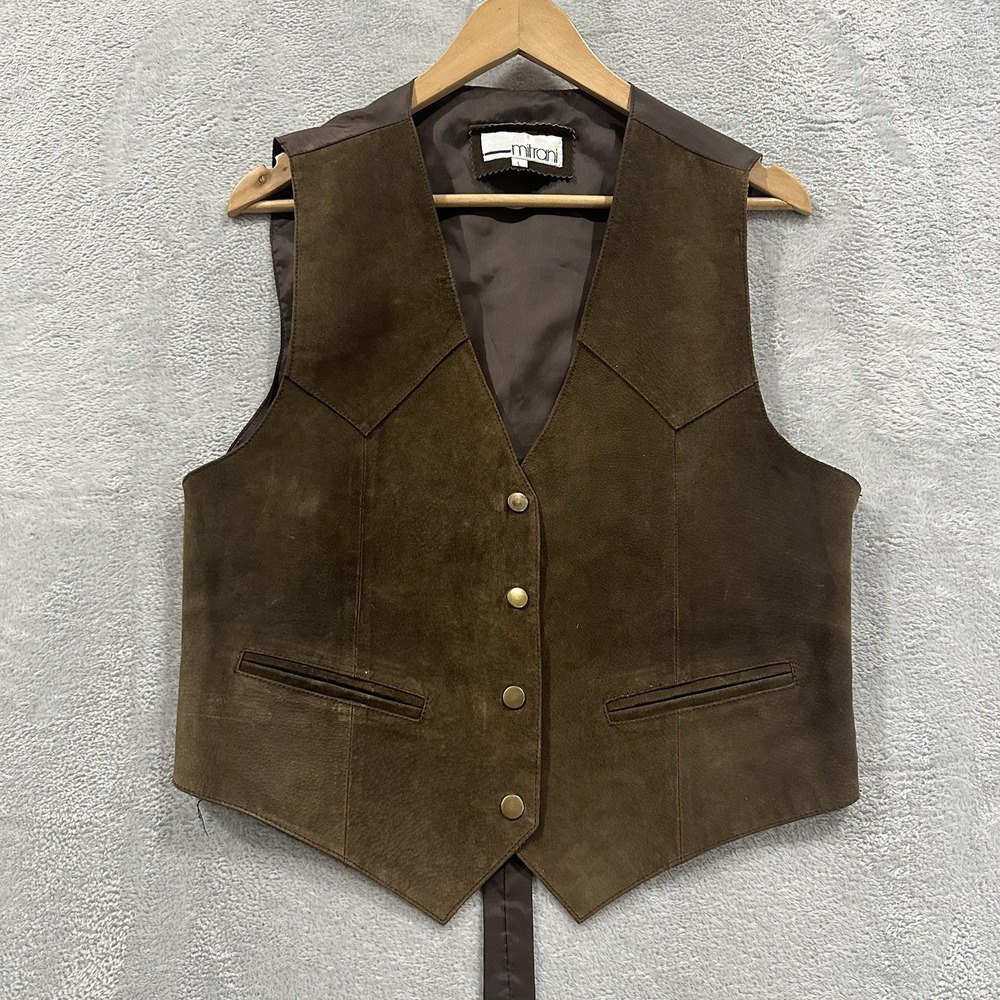 Miltrani Genuine Leather Dress Vest Men L Brown Snap Button Formal 90s Vintage